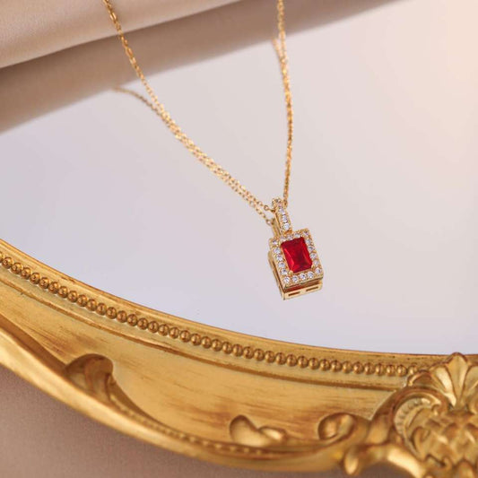 Red Colorful Square Zirconia Pendant Necklace for Women Jewelry Shining Luxury Ruby for Party