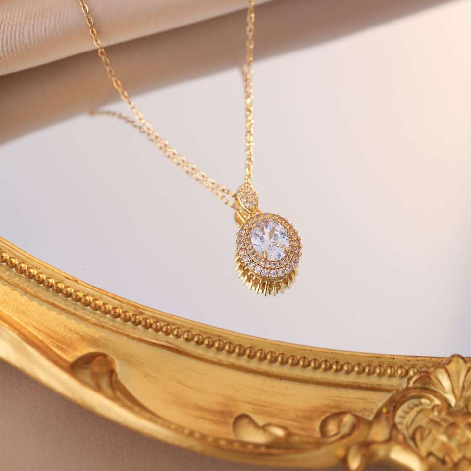 Copper Rose Section Zircon Gold Plated Pendant Elegant Women's Party Wedding Necklace Stainless Steel Chain