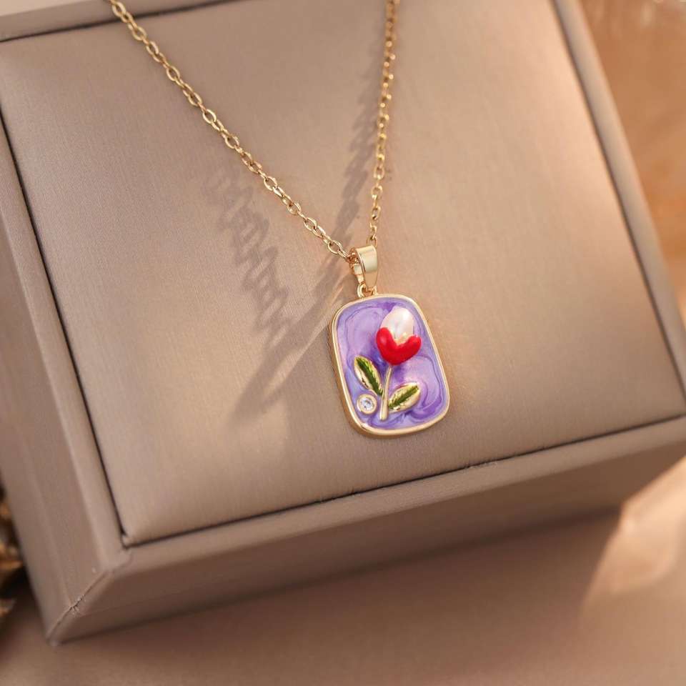 18K Gold Plated Monet Garden Retro Oil Drip Necklace