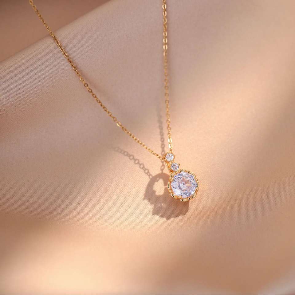 Copper Rose Section Zircon Gold Plated Pendant Elegant Women's Party Wedding Necklace Stainless Steel Chain